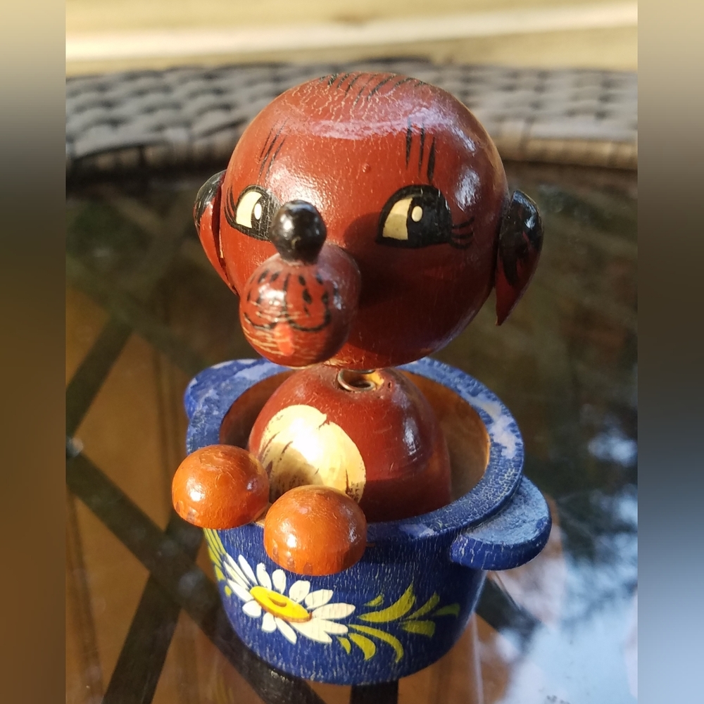 Vintage Wooden Dog in Bucket Bobblehead Nodder Handpainted Folk Art